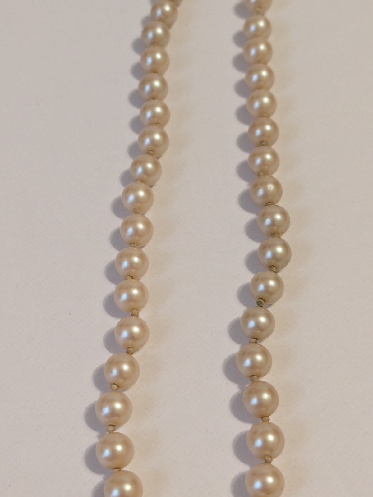 Faux Pearl Vintage Hand Knotted Necklace. Champagne. Barrel Closure 15″.