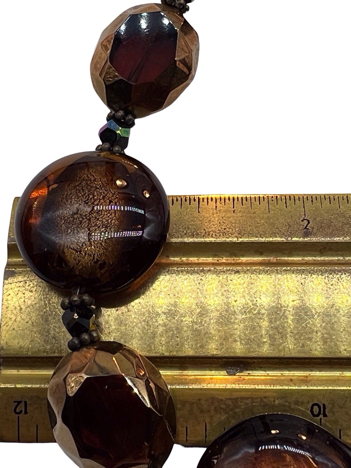Signed Art Glass Bead Neckllace Nena N Black Gold Foil Faceted Red AB Accent WB