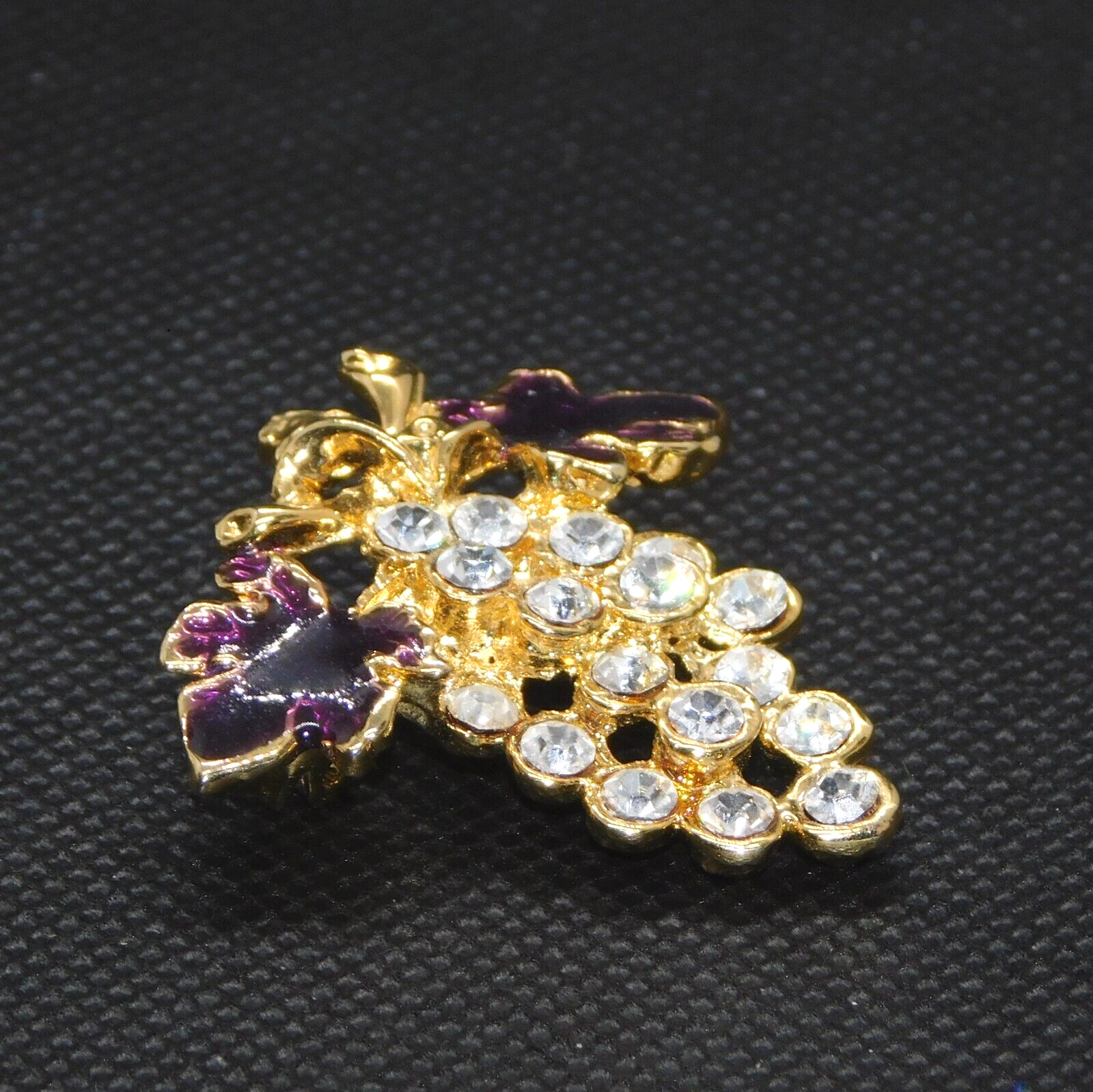 Grapes Vintage Pin Brooch Gold Tone White Rhinestone Purple Enamel Jewelry