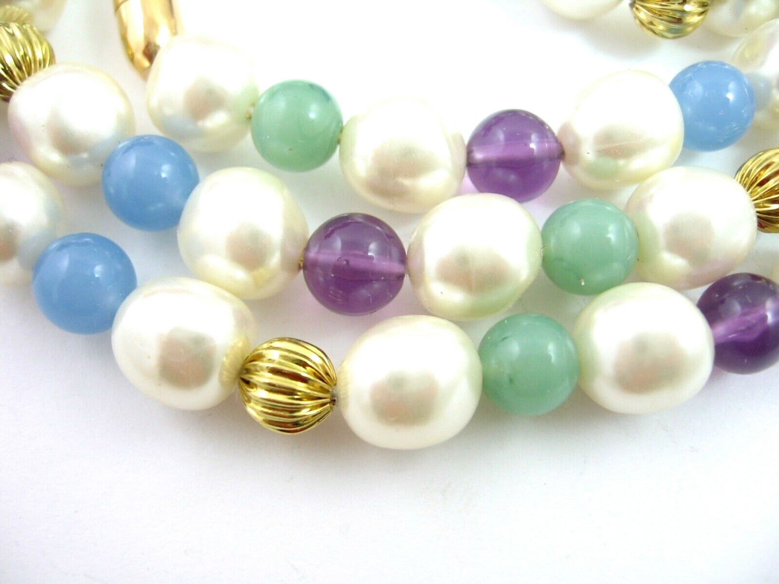 White PURPLE BLUE MINT GREEN BEADED Necklace 4 Color Beads Vintage Goldtone 36″