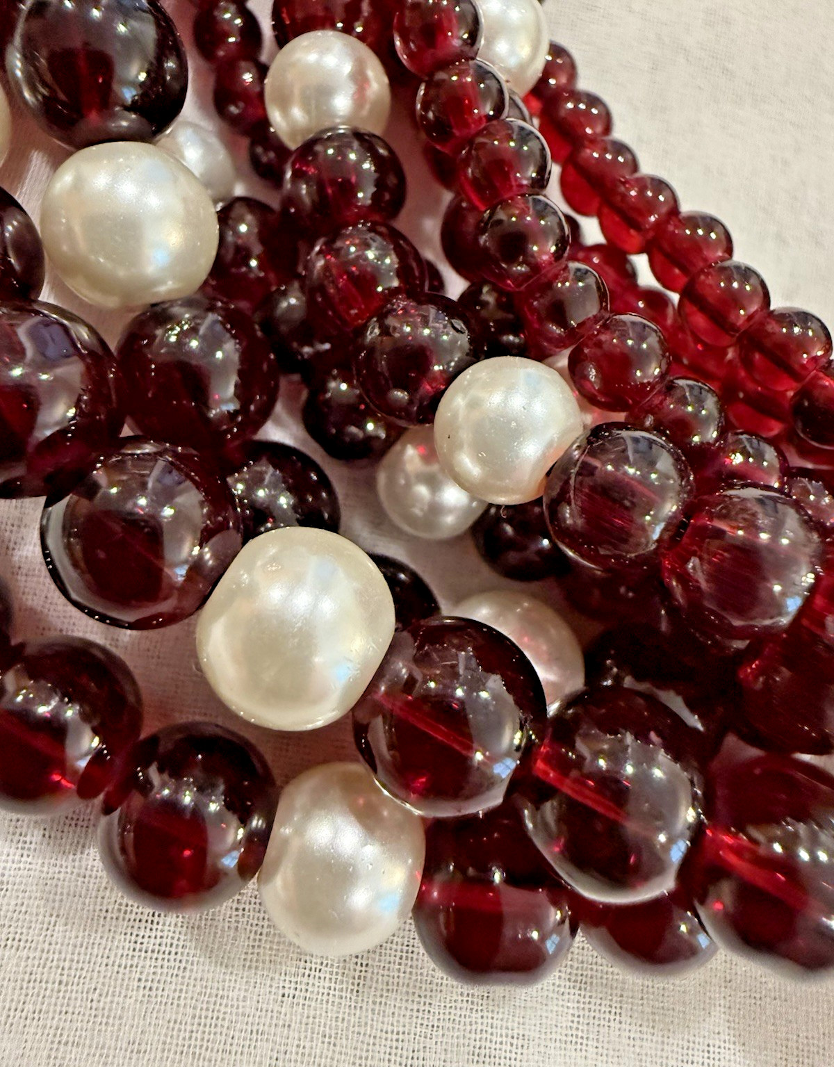 Vintage Multi-Strand Ruby Red Beaded Necklace with Faux Pearl Accents