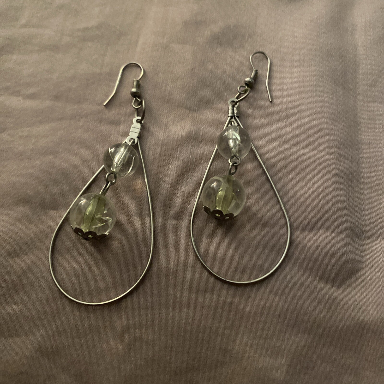 Vintage Dangle Earrings Silver Teardrop With Green & Clear Stones 2” Classic