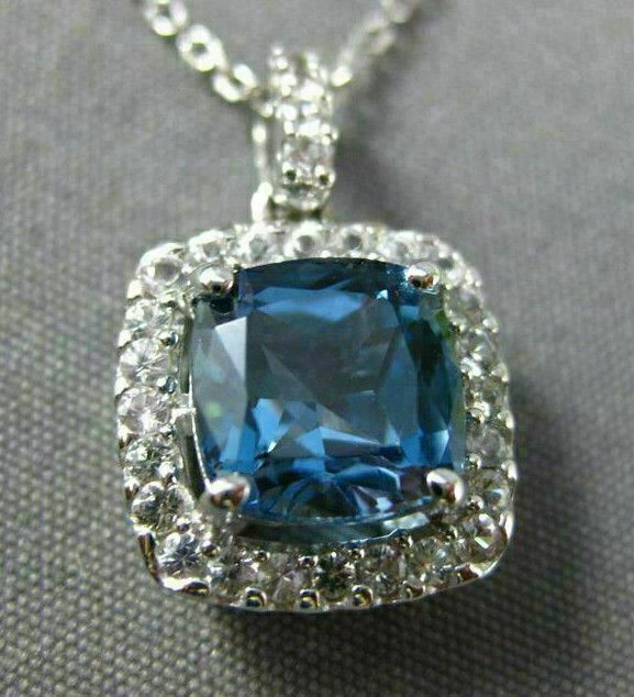 ESTATE 2.27CT AAA LONDON BLUE TOPAZ & WHITE SAPPHIRE 14K WHITE GOLD HALO PENDANT