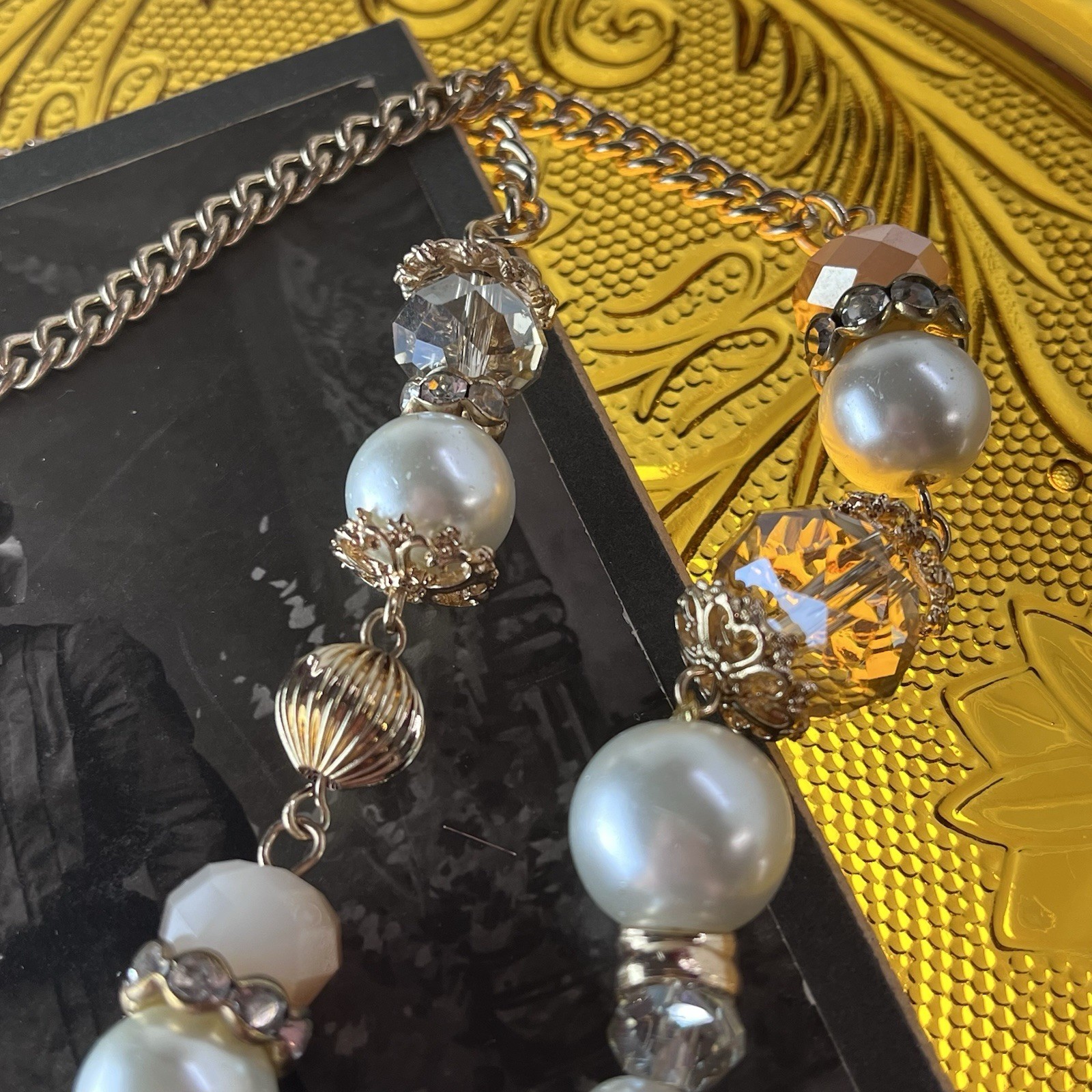 Vintage Gold Tone Faceted Beads & Faux Pearl Necklace – 32” – Champagne & White