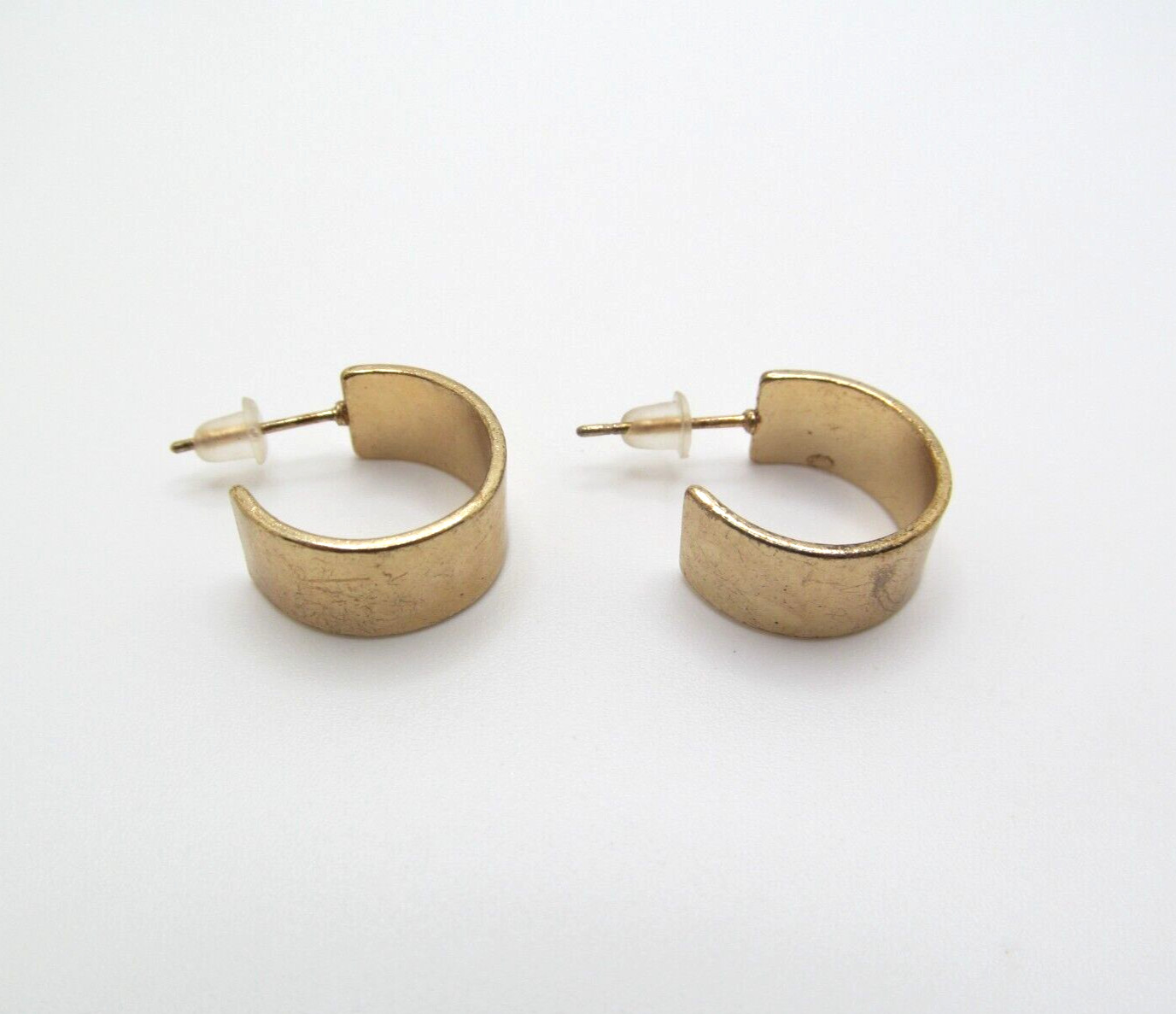 Vintage Yellow Gold Plate Brushed Metal 8mm Wide .67 Inch Drop Hoops Earrings