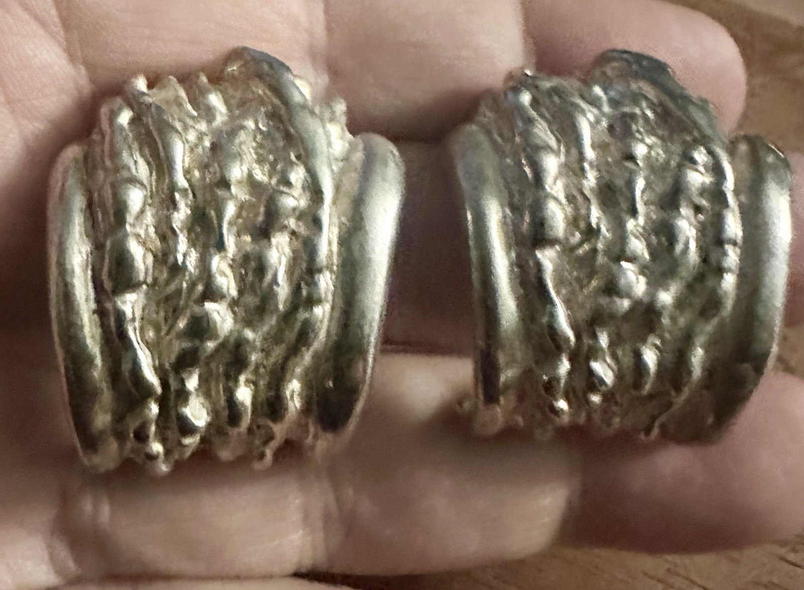 Large Vintage Modernist/Brutalist Pierced Earrings Molten Silver Half Hoop LOOK!