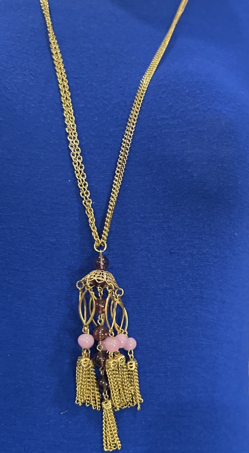 NOS Necklace Gold Plate Chain Multi Mini Chain Tassels wPink beads ornate unique