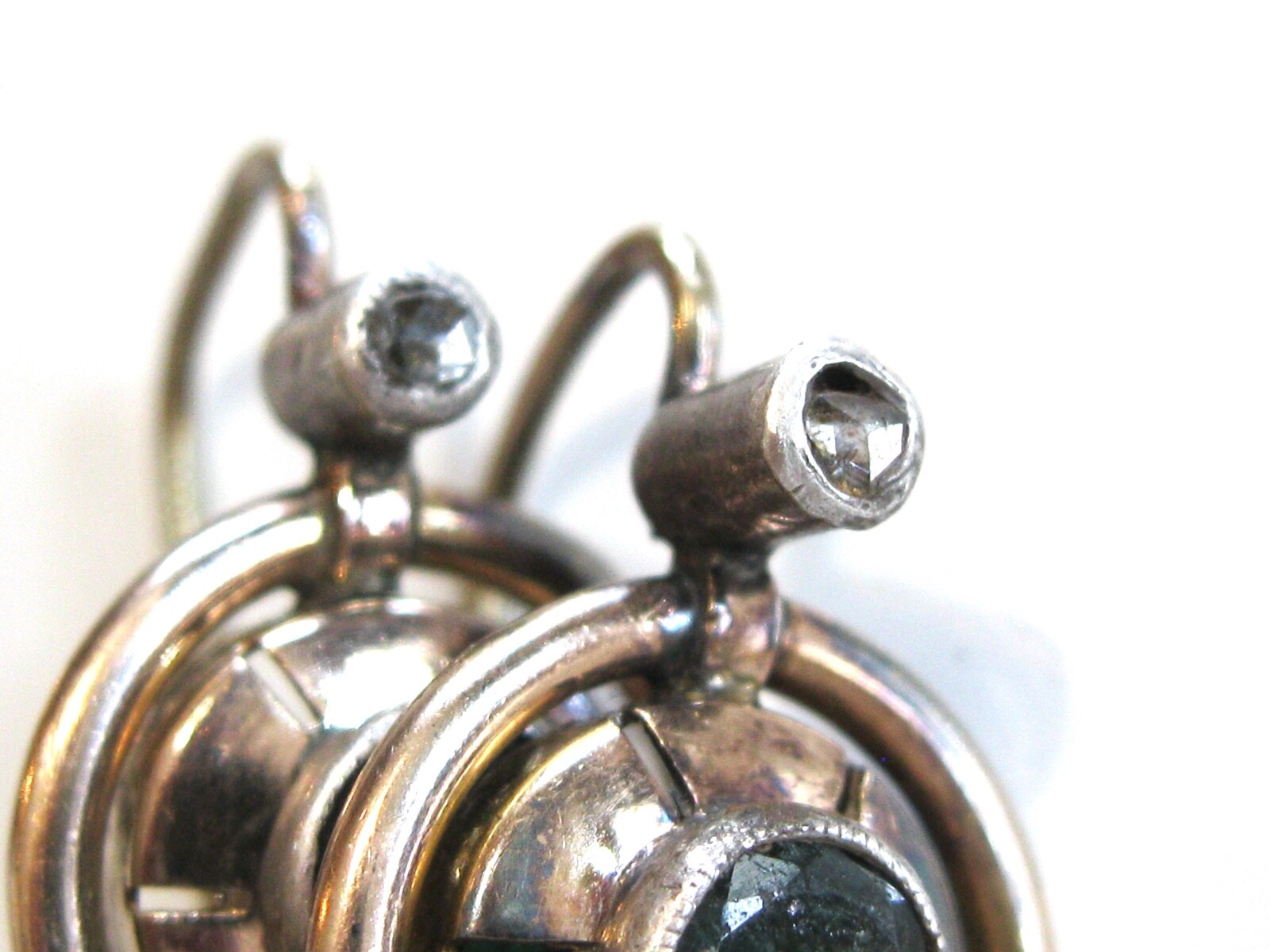 ANTIQUE CIRCULAR EMERALD AND ROSE CUT DIAMOND LEVER BACK GOLD EARRINGS 14K GOLD