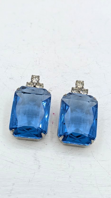 Vintage Post Earrings Blue Crystal Emerald Cut Glass Silver Tone Post 1950s