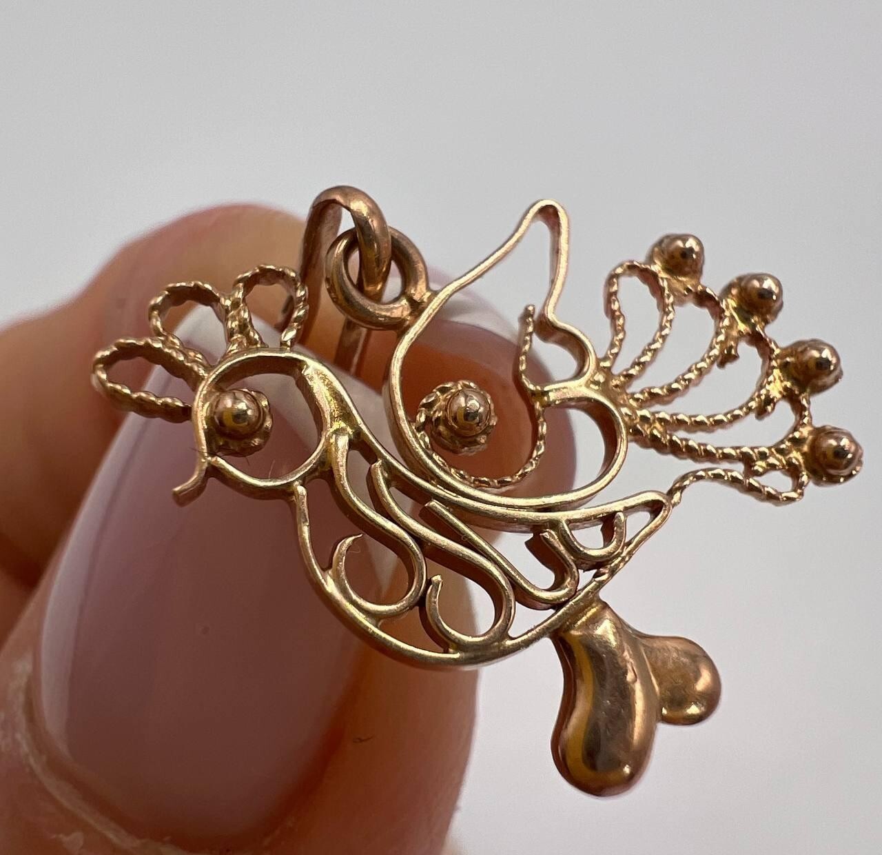 Vintage USSR 14K 583 Rose Gold Filigree Rooster Pendant 0.78in Jewelry Gift