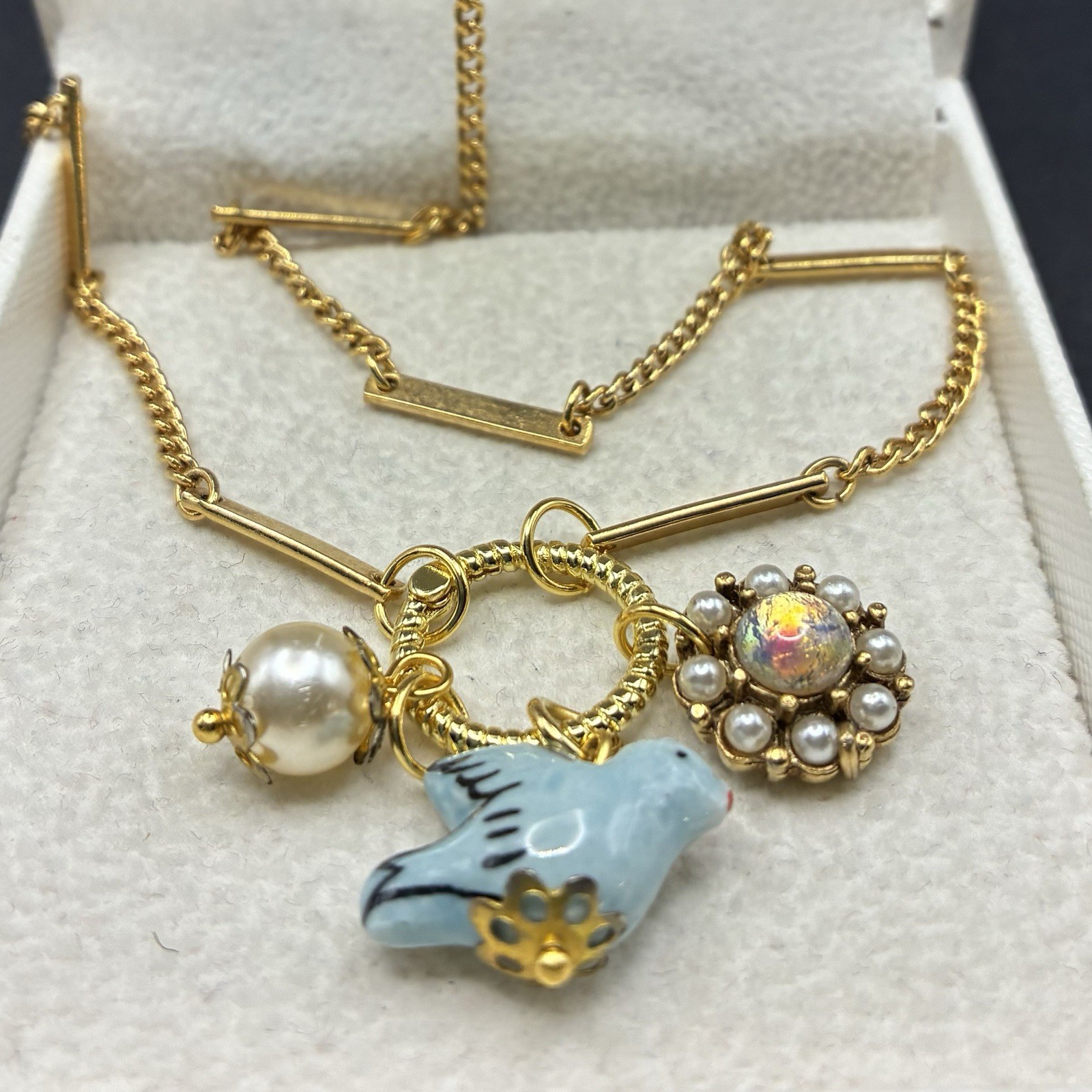 Dainty Vintage Charm Trio, Vtg Gold Plated Chain Necklace, Faux Opal, Bird +