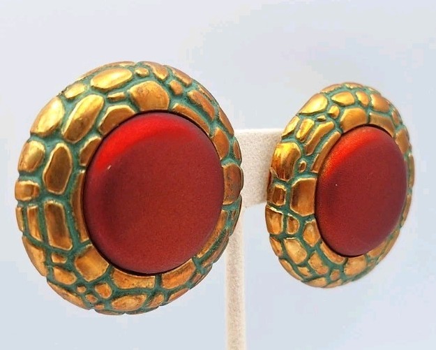 VTG Lg Chunky Statement Button Matte Cabochon Pierced Earrings Southwestern 80’s