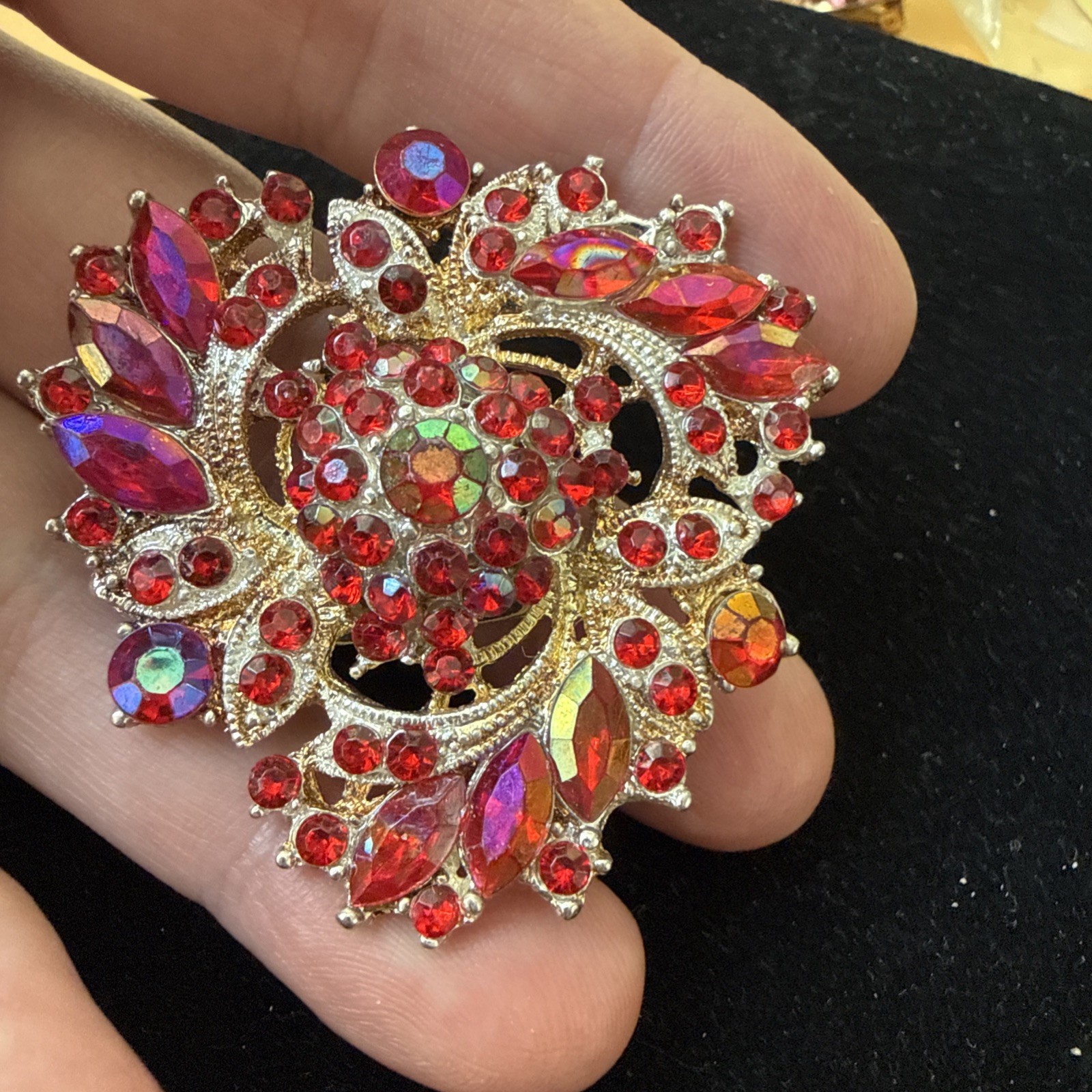 Vintage MCM Red Aurora Borealis Rhinestone Brooch Pin Hollywood Glamour￼2”
