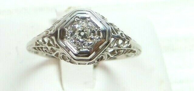 Antique Art Deco Engagement 18K White Gold Ring Size 6.5 UK-M1/2 EGL USA