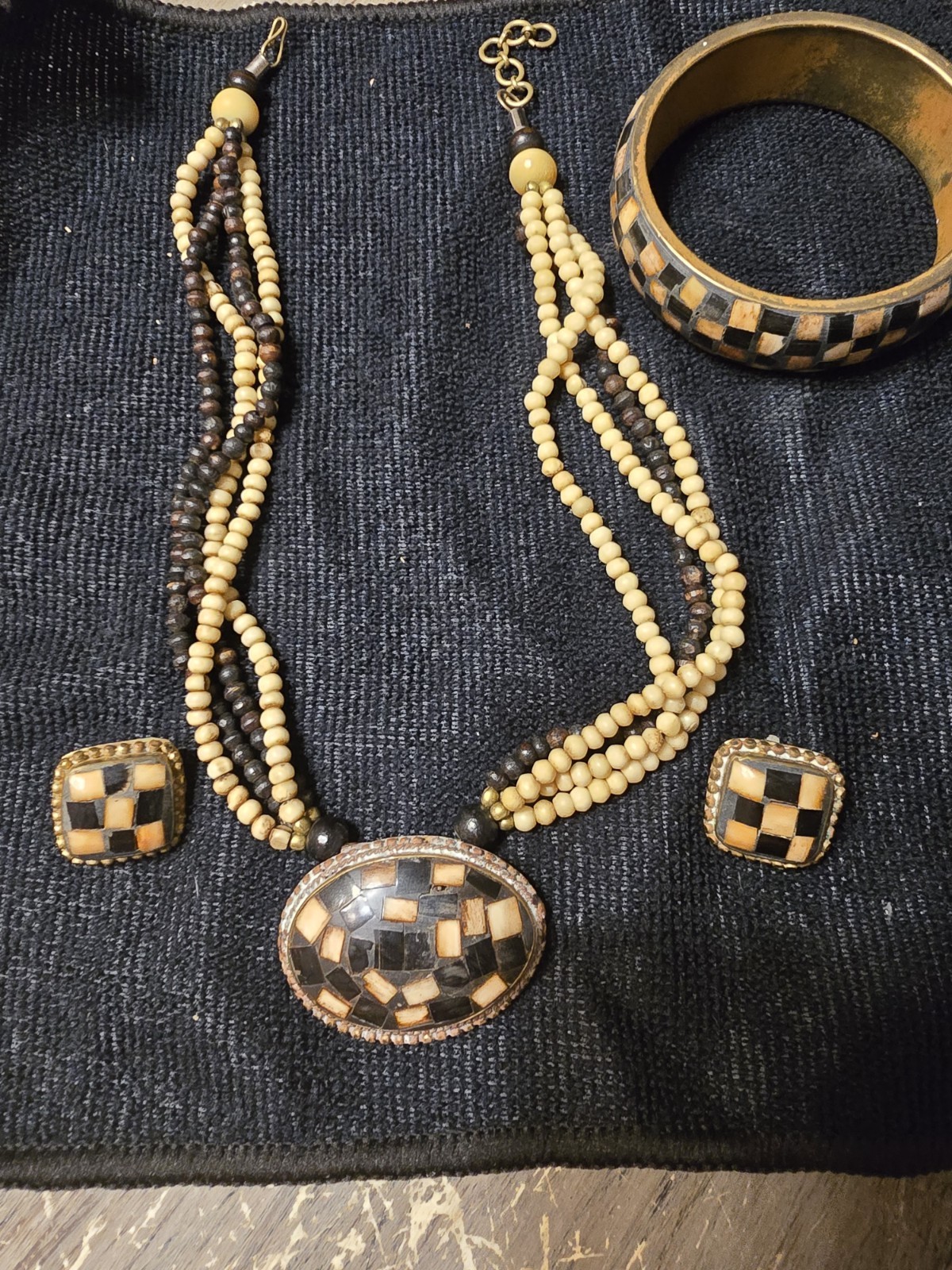 Vintage Beaded Medalion Necklace With Matching Bangle And Earrings