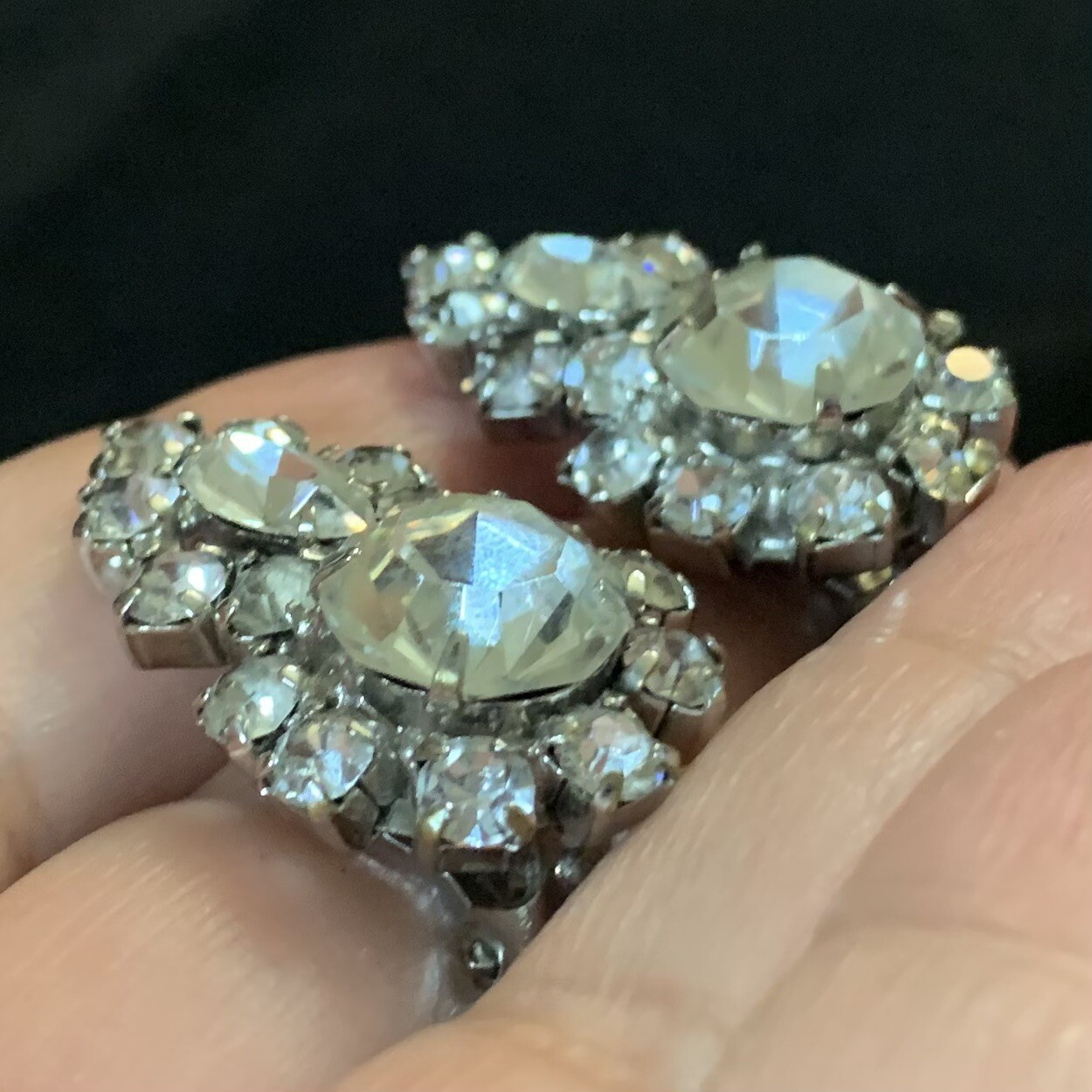 Vtg Couture Clear Glass Rhinestone Cocktail Silver Tone Climber Clip Earrings