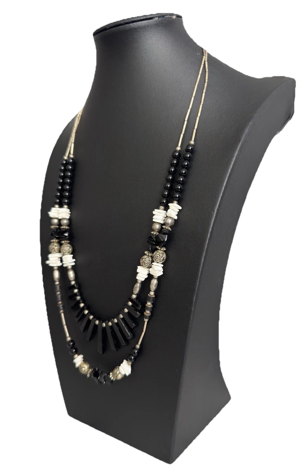 Vtg Silver Tone Liquid Silver Black Onyx Bead & Fringe 2-Strand Layered Necklace