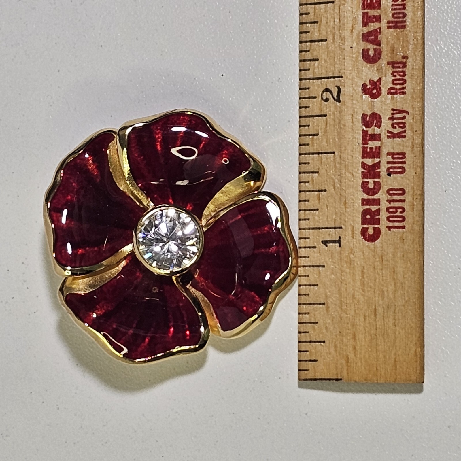 Rare Christian Dior Gold Tone Flower Brooch Pin Rhinestone & Redish Brown Enamel