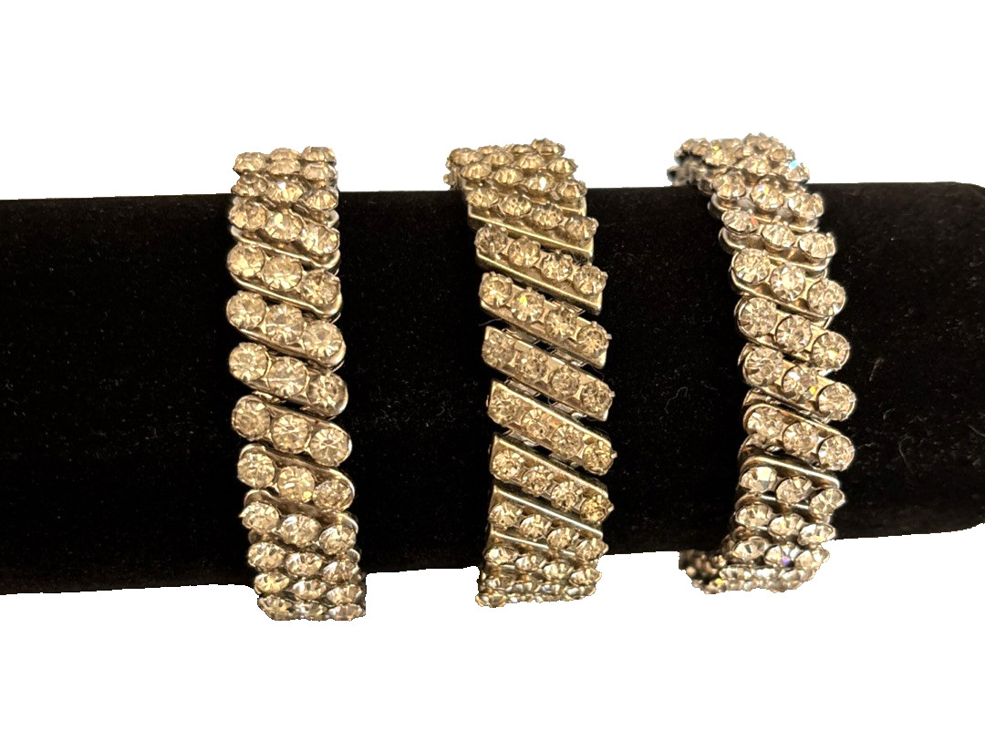 3 Crystal Rhinestone Prong Expansion Stretch Bracelets 1950’s Hong Kong Japan