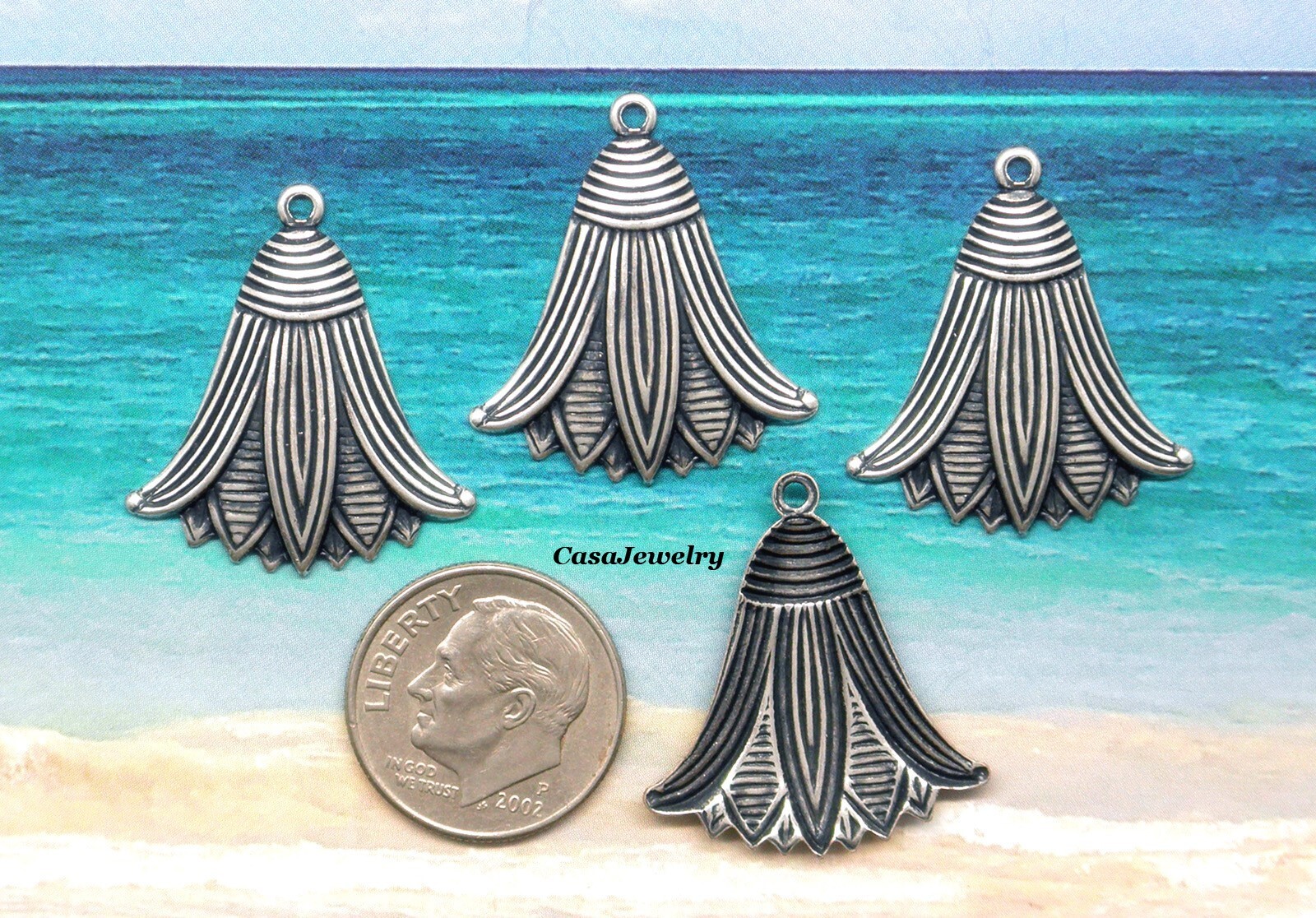 #0213 ANTIQUED STERLING SILVER PLATED EGYPTIAN LOTUS W/TOP HANG RING – 6 Pc Lot