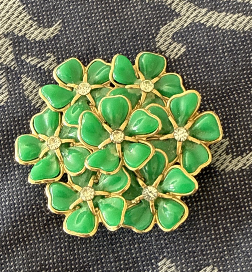 Rare Vintage Green Floral Cluster Brooch Pin W/rhinestone Accents Unsigned