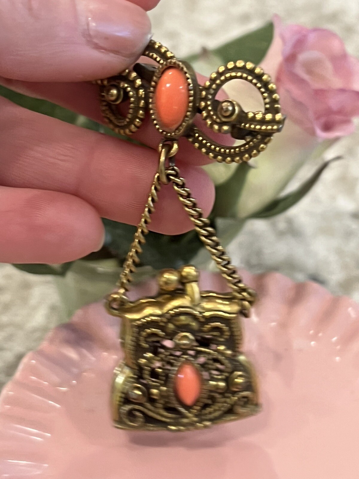 Pin Brooch Filigree Purse Coral Color Stone Dangle Pin