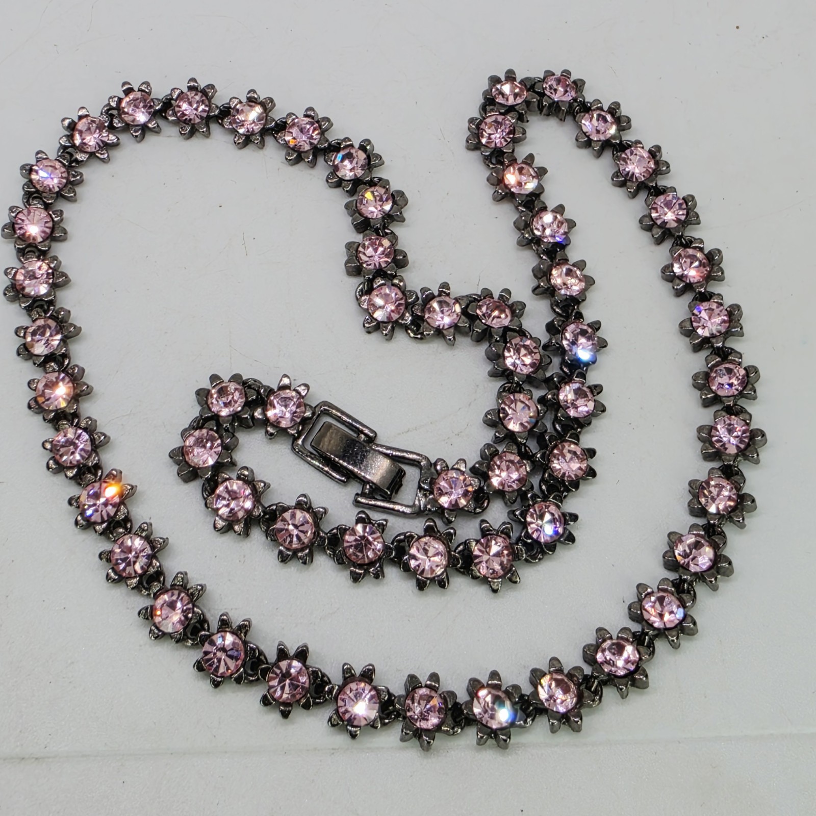 Vintage Pink Crystal Rhinestone Floral Starburst Tennis Necklace Gunmetal Strand