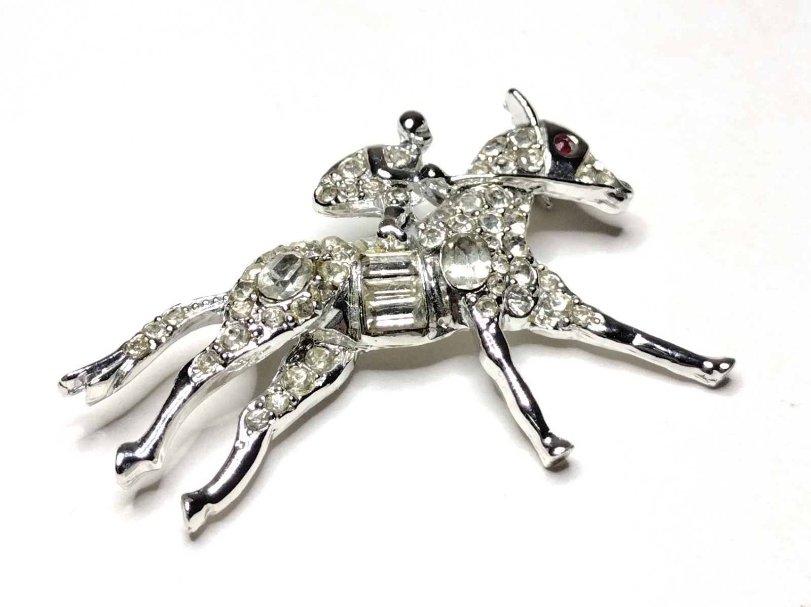 Vtg Rhinestone Equestrian Brooch Pin Derby Race Horse & Rider White Metal PELL ?