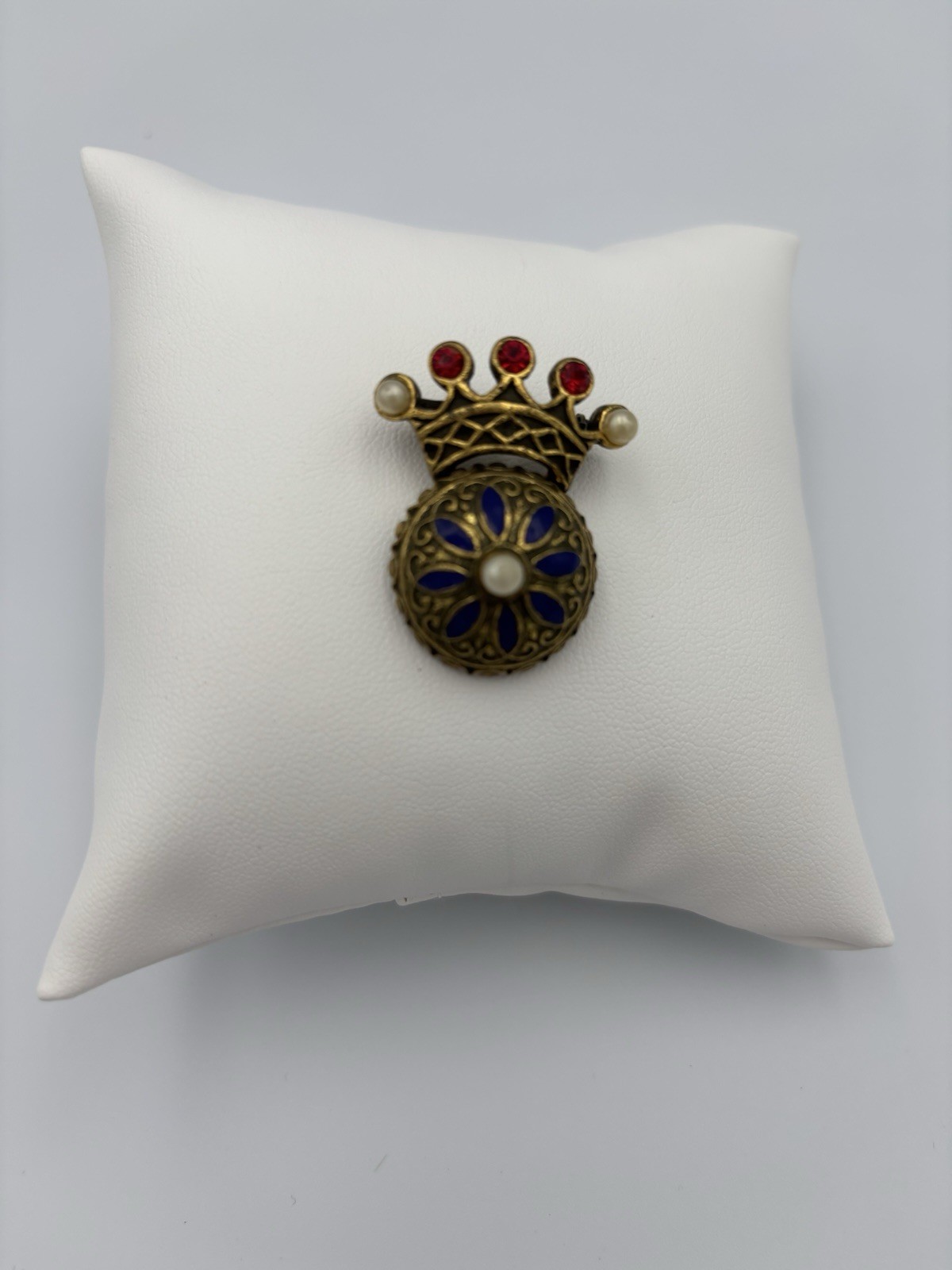 Vintage Crown Brooch with Pearl, Enamel & Gold Blue Red White Signed “Coro”