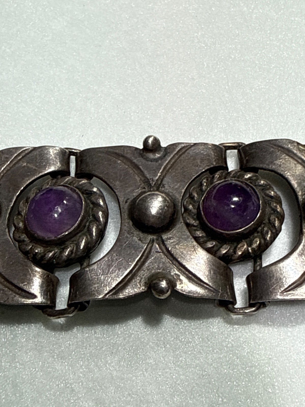 Vintage Taxco Mexico 980 Silver Amethyst Link Bracelet Heavy Mid Century Moderni