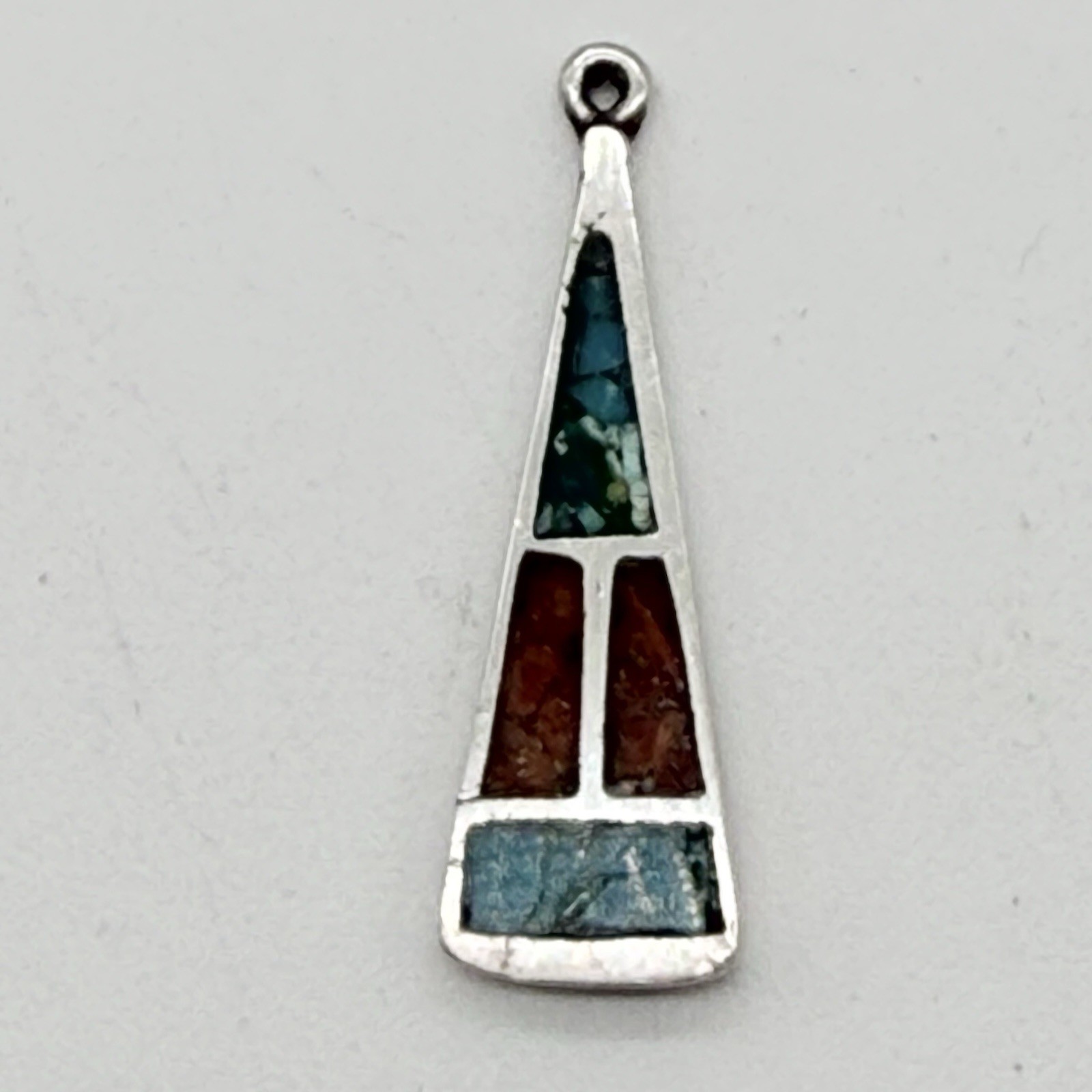 Native Southwest Silver Turquoise Coral Inlay Single Pendant UNMARKED 1.25”