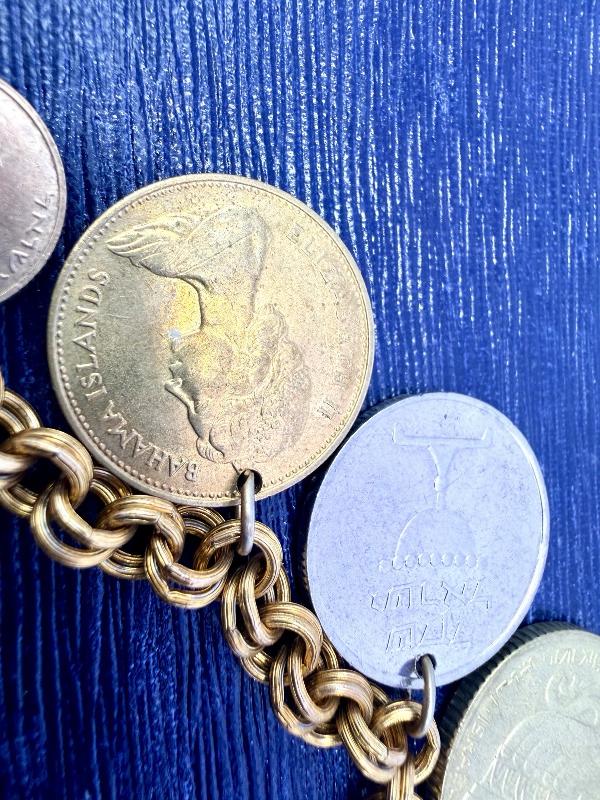 Vintage Coin Necklace Israel Bahamas Mixed Coins Charms 18” Gold Tone Chain HJ