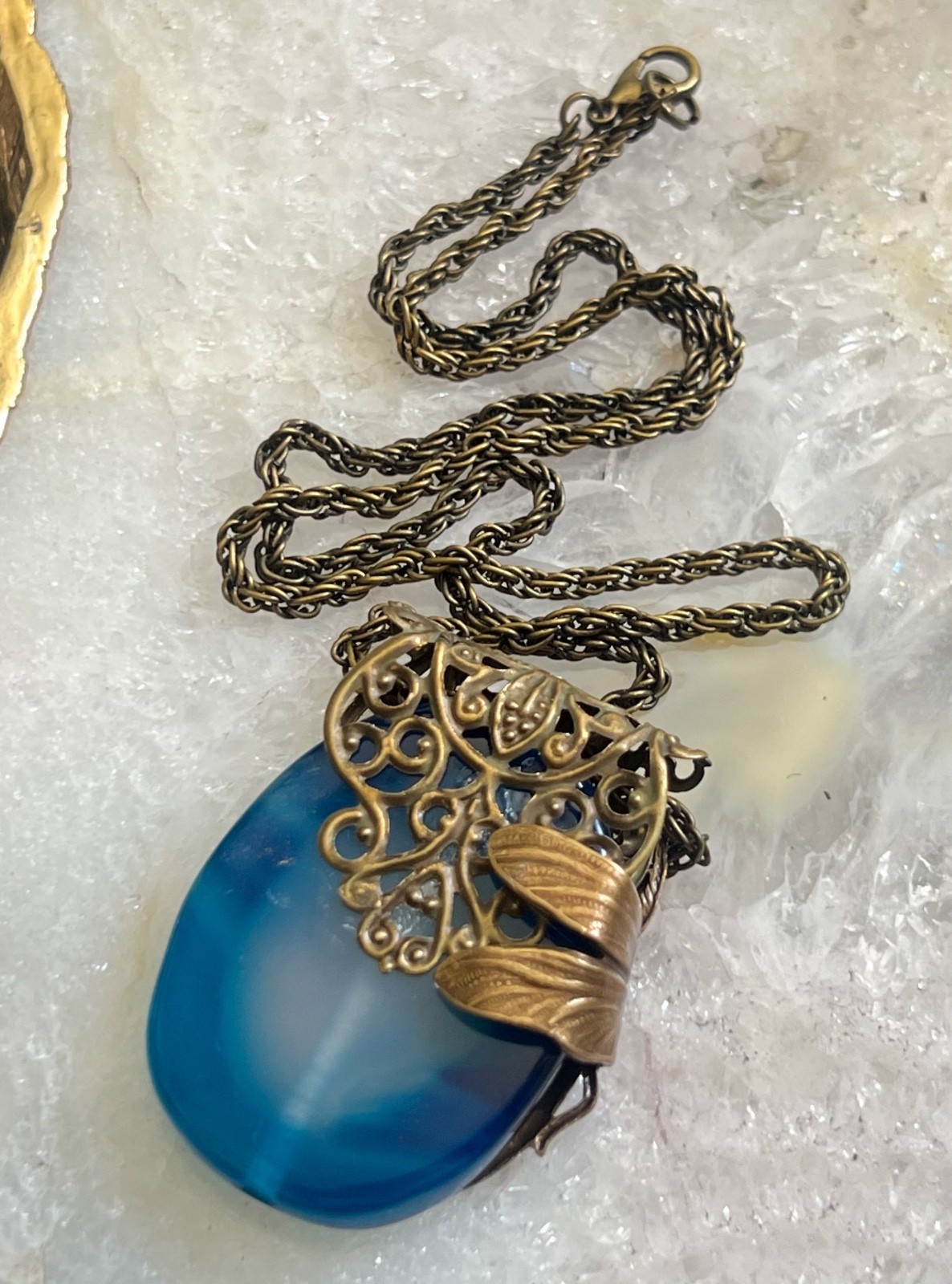 Dragonfly Necklace Art Nouveau Brass Damselfy Wrapped Blue Agate Pendant