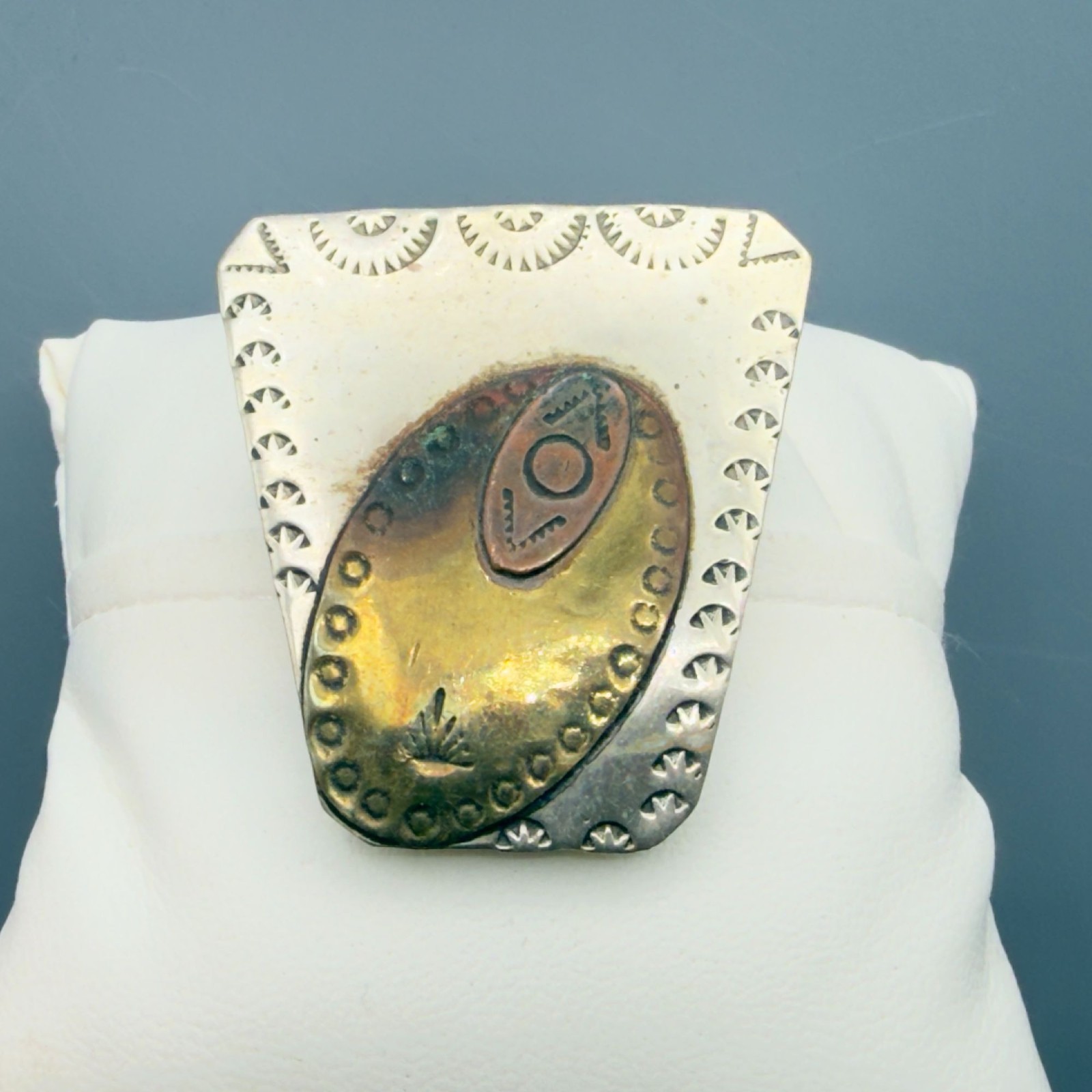 Vintage Sterling Silver Bolo Tie Slide Southwestern Stamped Mixed Metal Artisan