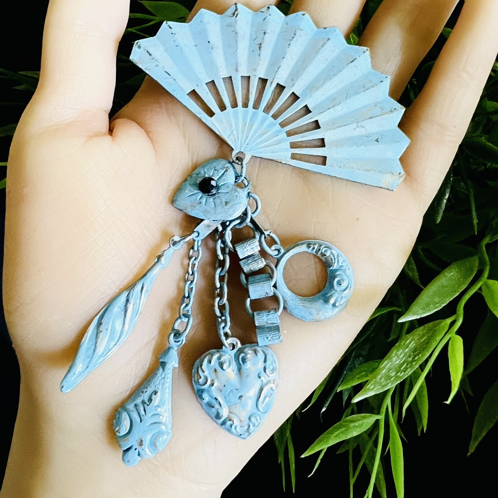 Vintage Enamel Steampunk Whimsical Fan Heart Dangle Chain Brooch Unique 4264