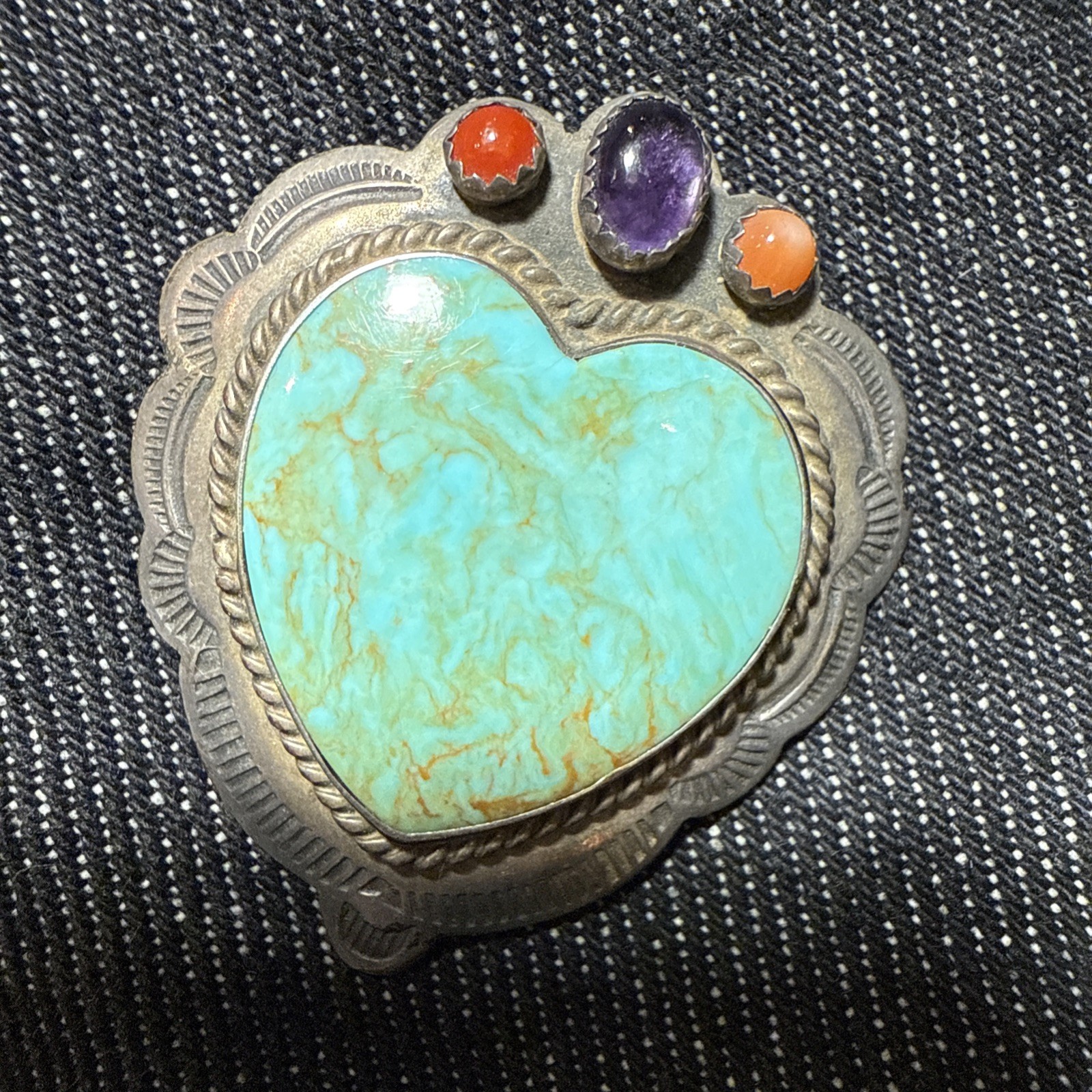 CM Gems Sterling Silver Turquoise Heart Removable Bail Pendant Brooch Spiny