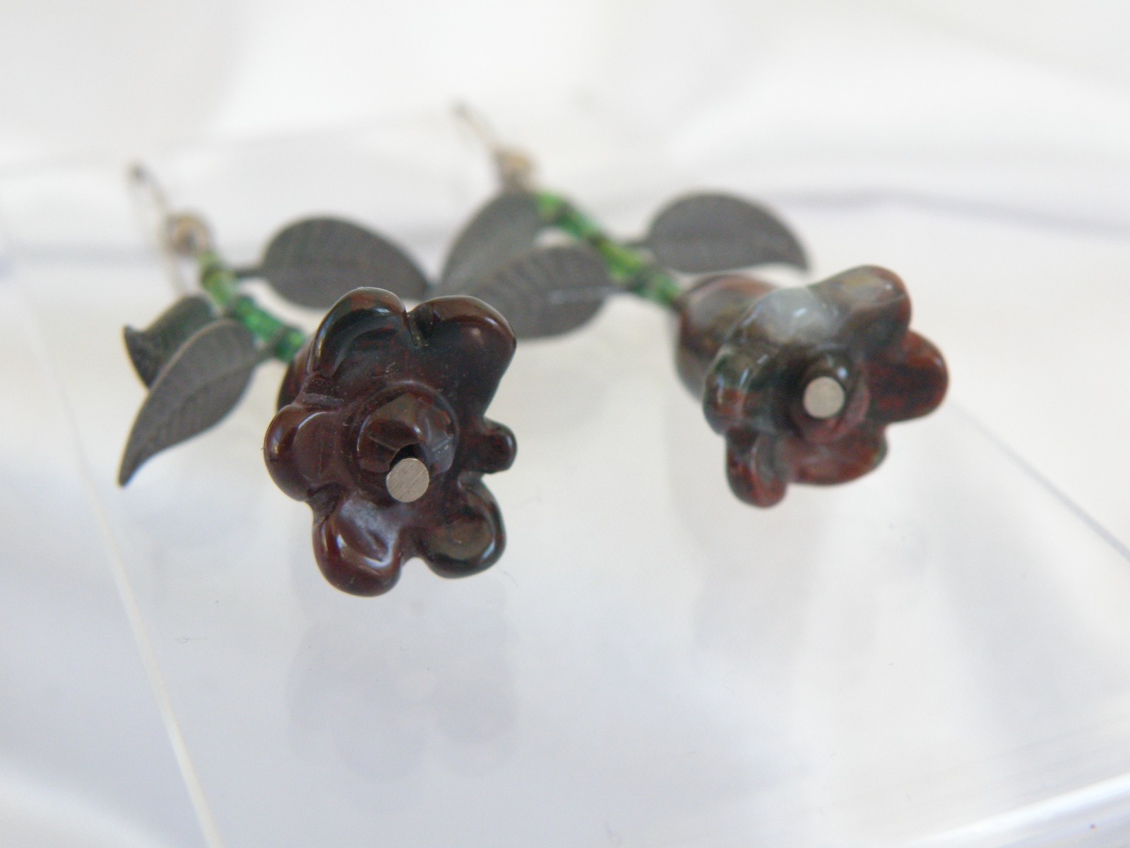 Vintage Sterling Silver 925 Artisan Tulip Flower Carved Stone Dangle Earrings