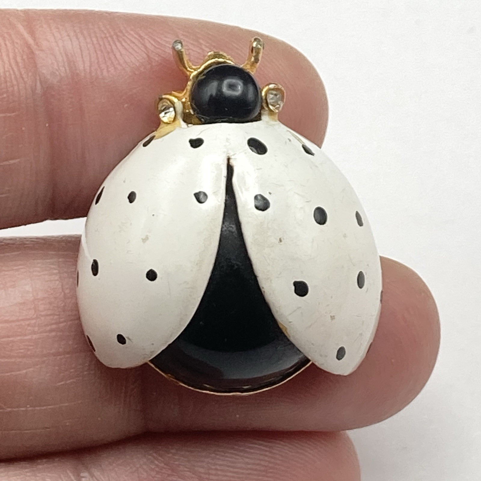 Vintage White Black Enamel Rhinestone Ladybug Bug Small Cute Brooch Pin