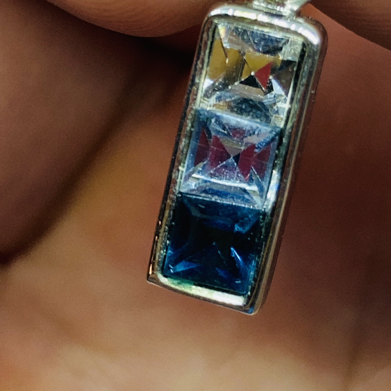 Vintage 1980s Gemstone Necklace Pendant Cube Three Color Stones 23