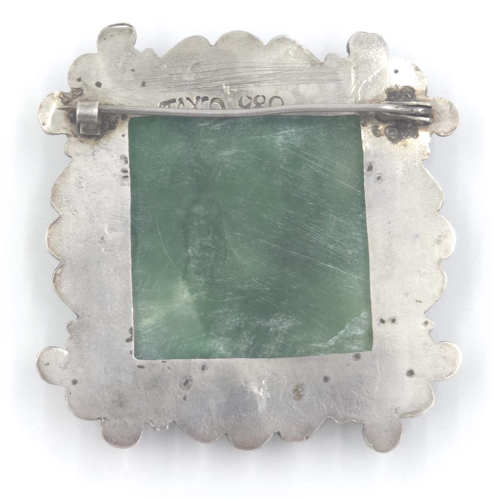 Vintage Taxco 980 Sterling Silver Carved Jadeite Aztec Warrior Brooch
