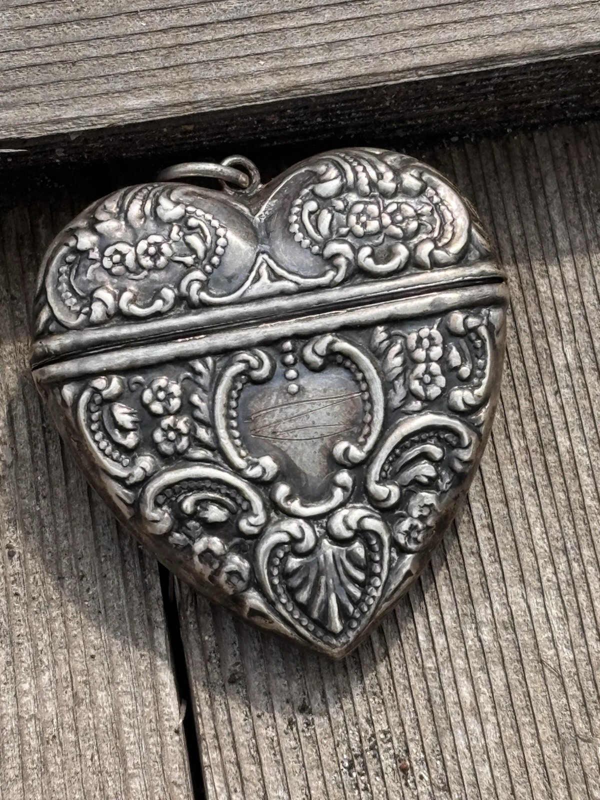 Sterling Silver Heart Repousse Victorian style Large box vintage Pendant 1900s