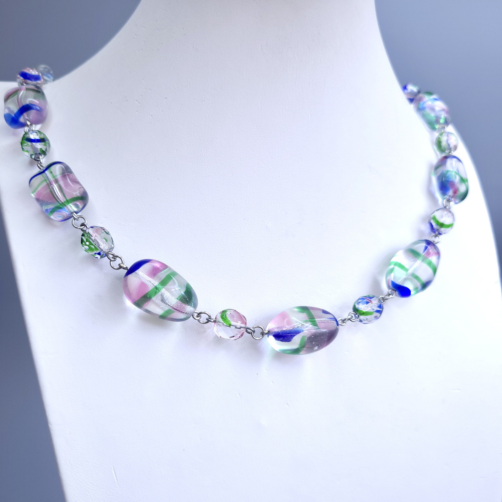Iris Glass Necklace 24” Multicolor Czech Vintage Beads Women`s Jewelry