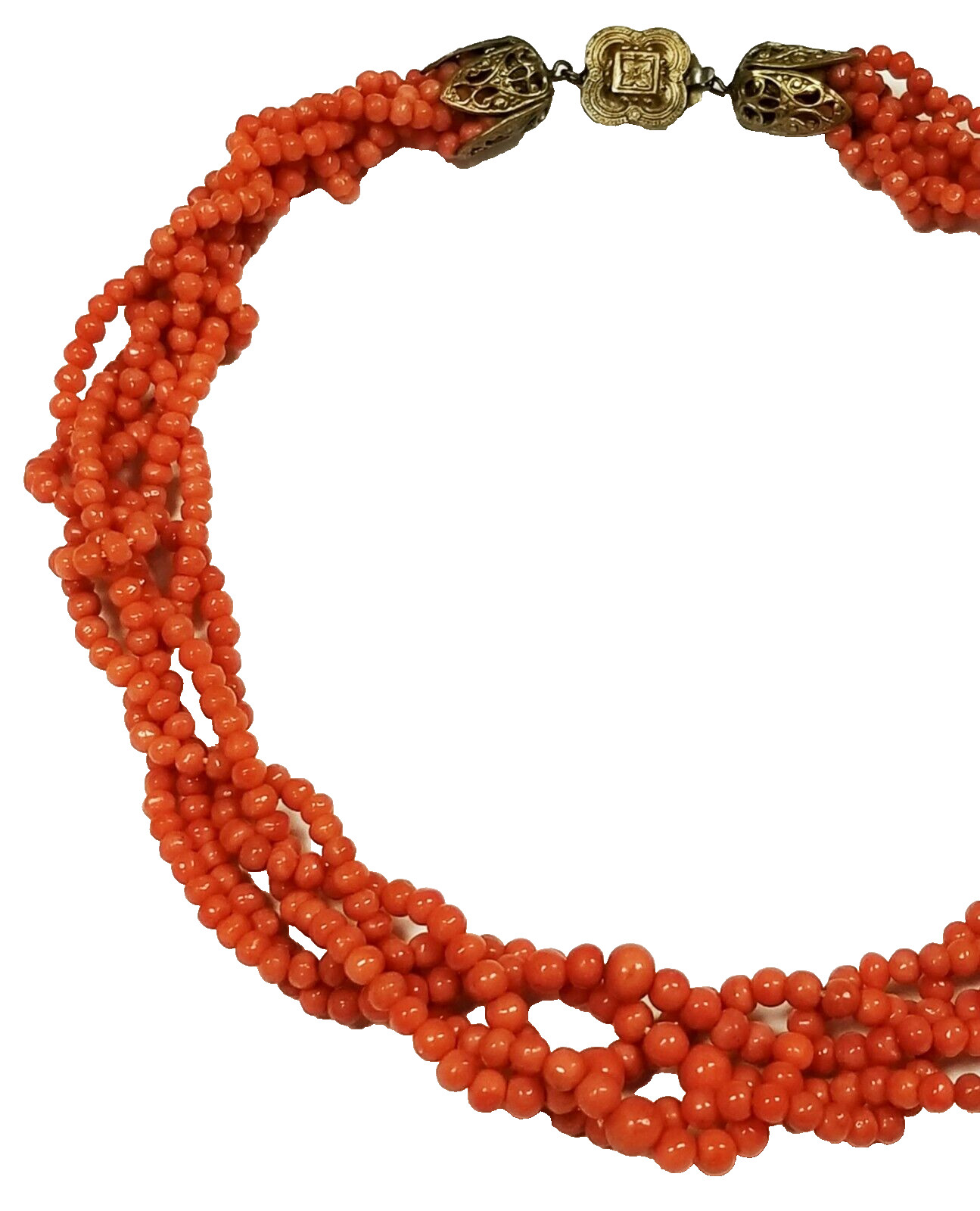VERY EARLY Signed HASKELL Genuine Coral 4mm Bead Link Necklace 16.5″ x 3/4″