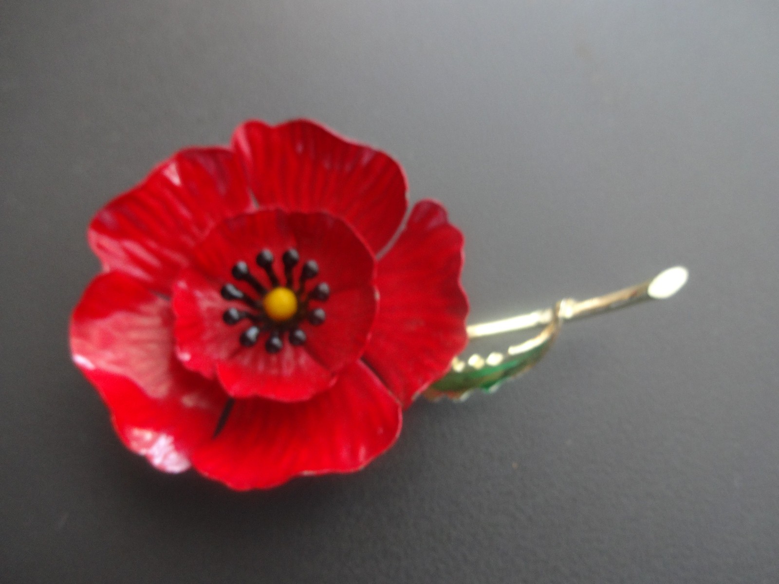 Vintage Enamel Red Poppy Flower Brooch Pin Large Red & Green Extremely Rare