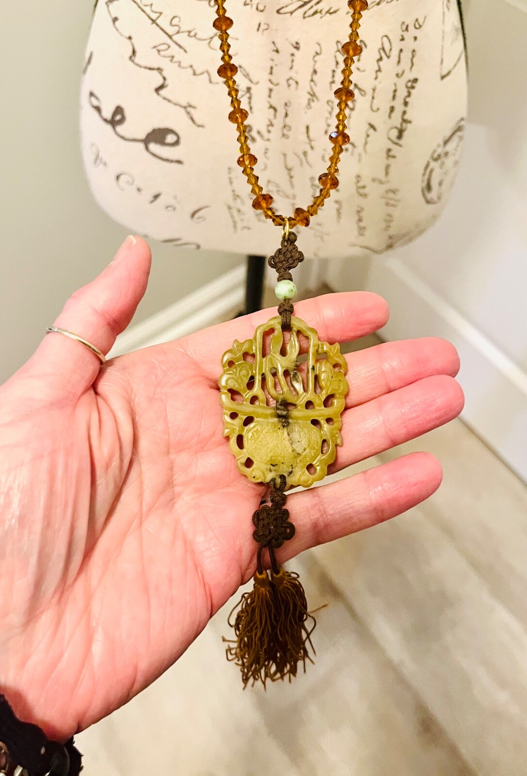 Vintage MCM Jade Pendant Necklace With Amber Glass Beads & Silk Tassel, STUNNING