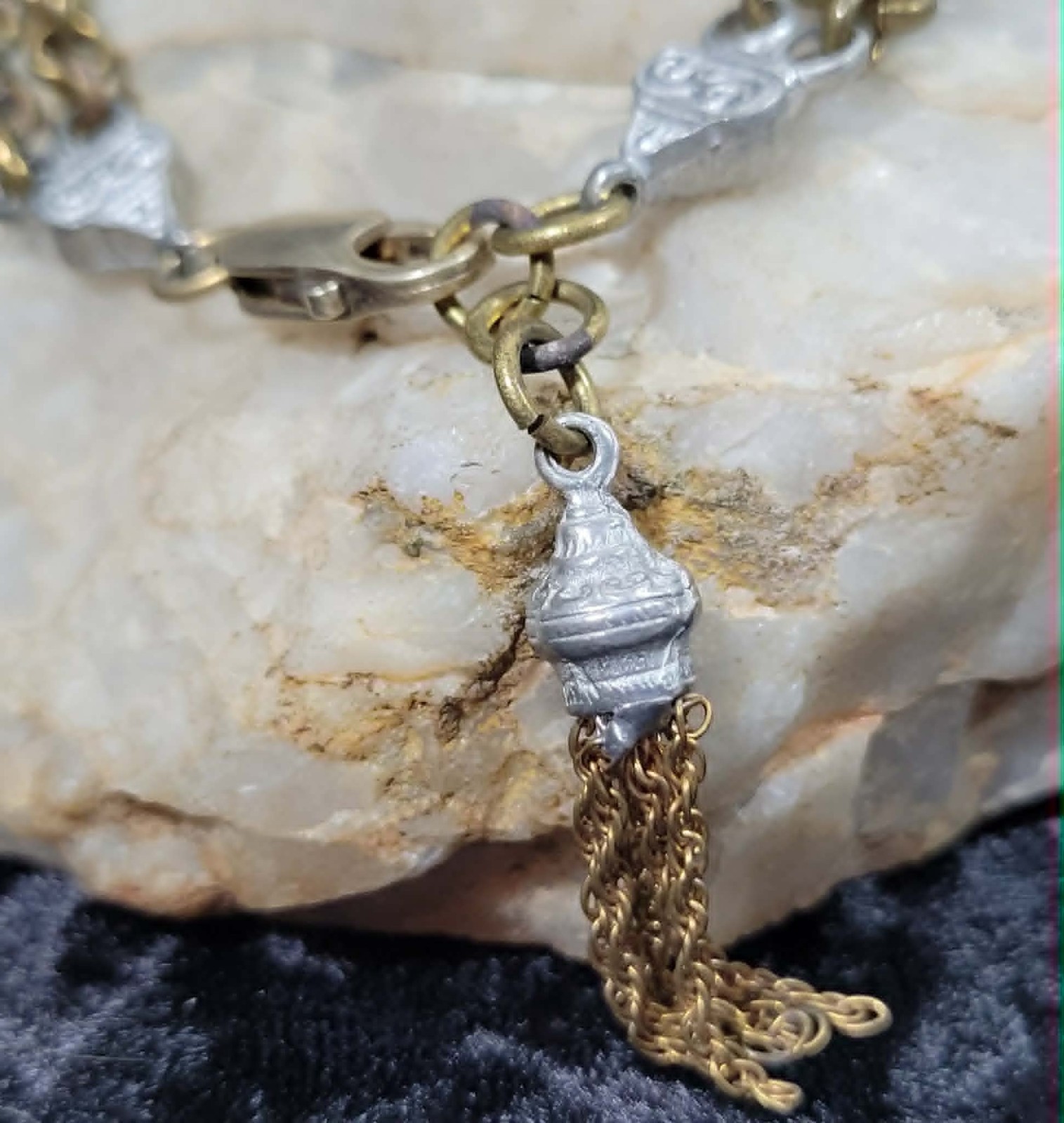 Antique Victorian Double Strand Albertina Bracelet Brass & Silver Tone Belcher