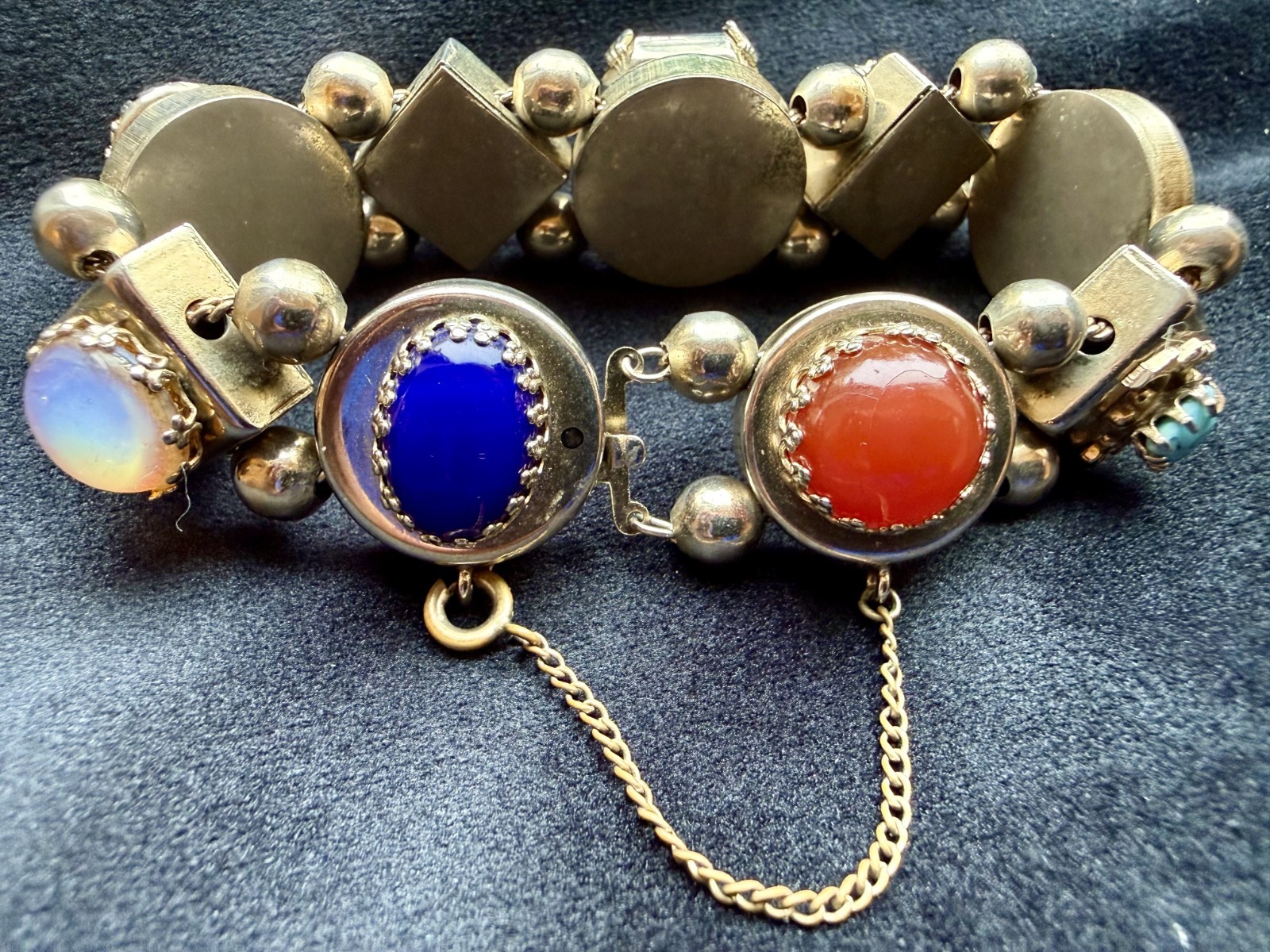 Victorian Revival Slide Bracelet with Gemstone and Shell Charms Vintage 7.5″