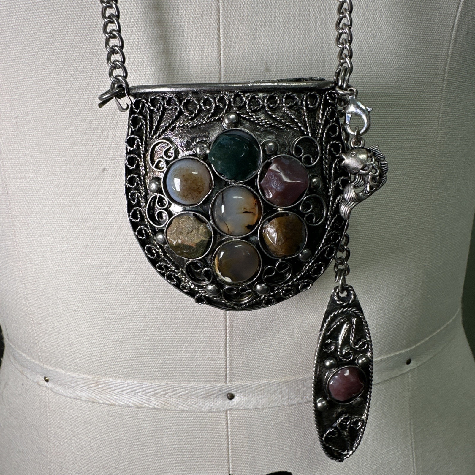 Vintage Small Silver-tone Sajai Metal Purse Necklace Agate Gemstones Tether Lid
