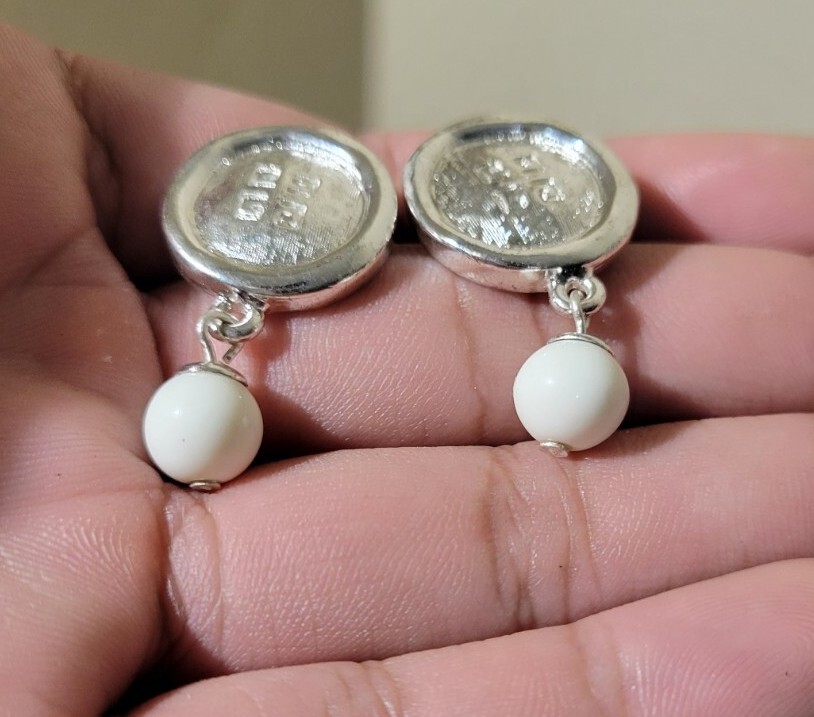 Vintage Givenchy Signed Logo Silver Tone with White Ball Pierced Dangle Earrings