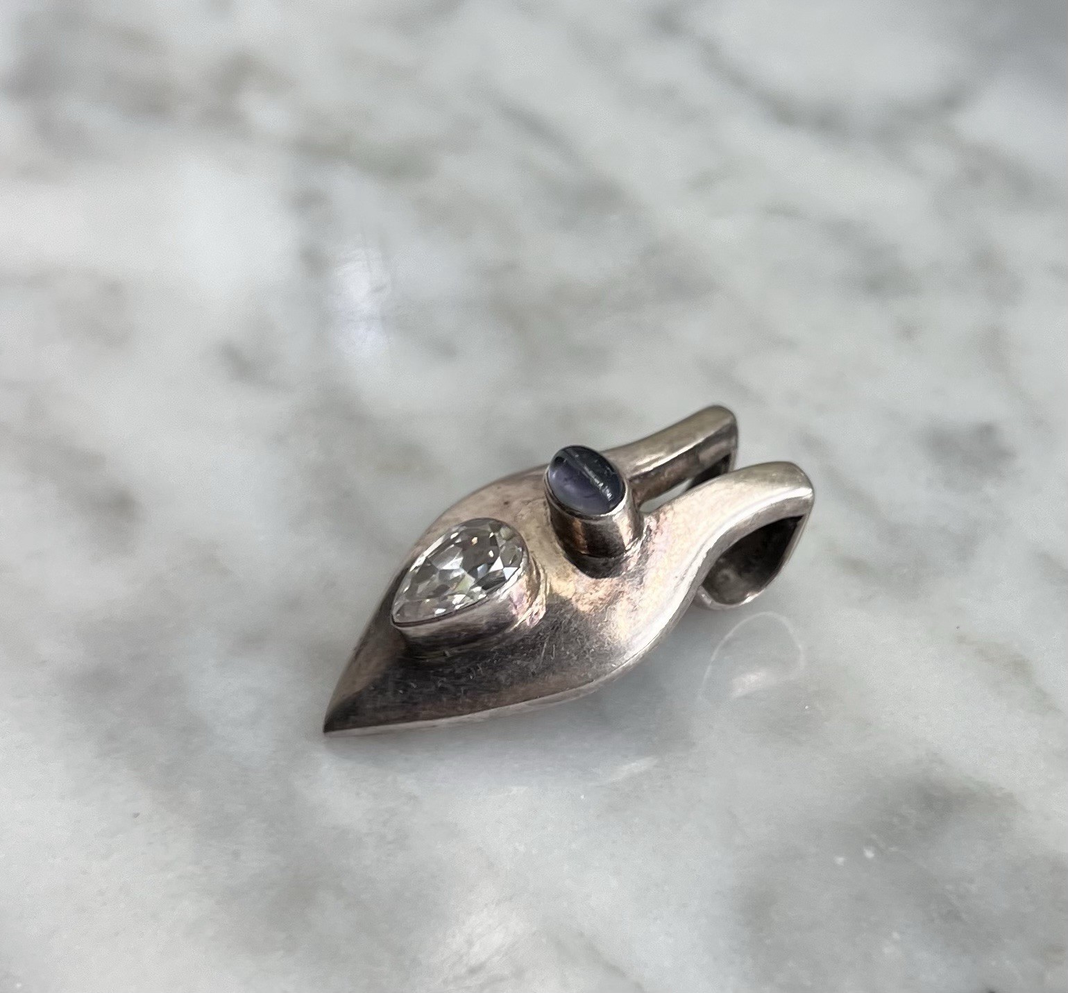 Vintage Pale Blue Topaz & White Topaz Modernist Sterling Silver Necklace Pendant